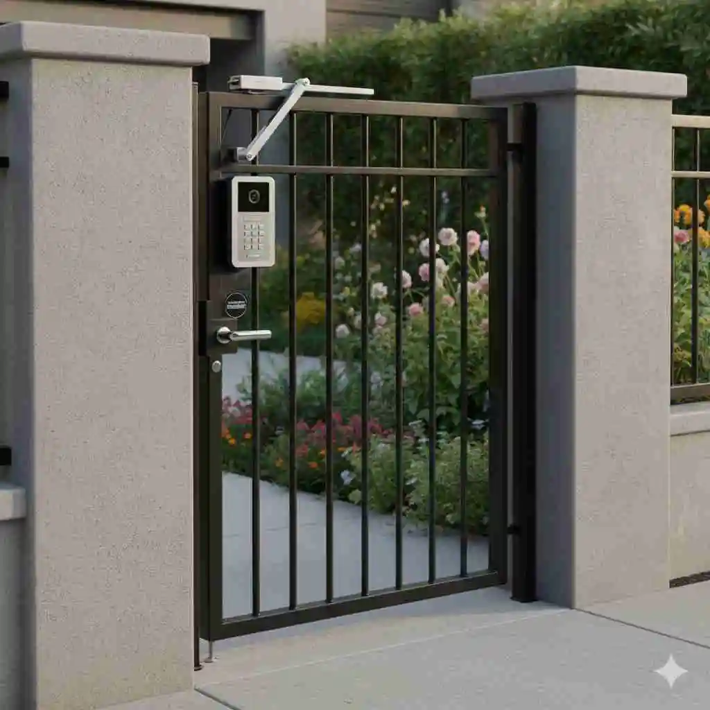 Gate with closer, lock and intercom in HOA community